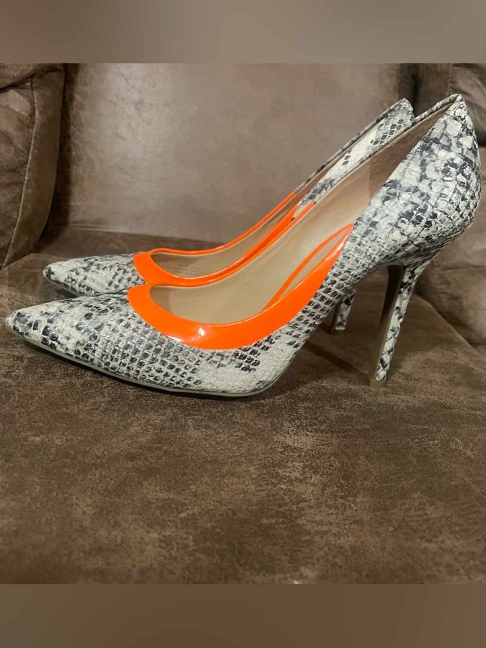 BCBGeneration Snake-Print Pointed Pumps with Bright Orange Trim